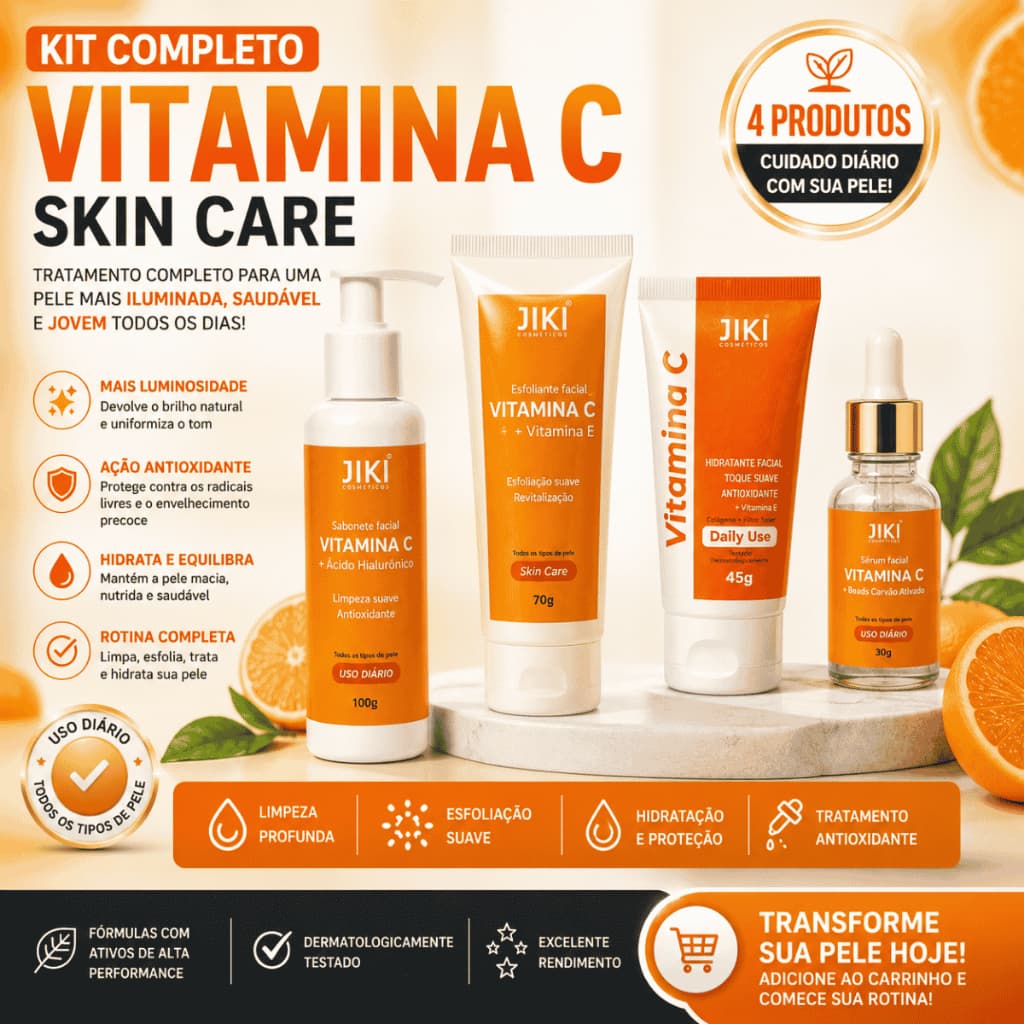 Kit Vitamina C Clareador Facial JIKI | Sabonete + Sérum + Hidratante + Esfoliante Facial