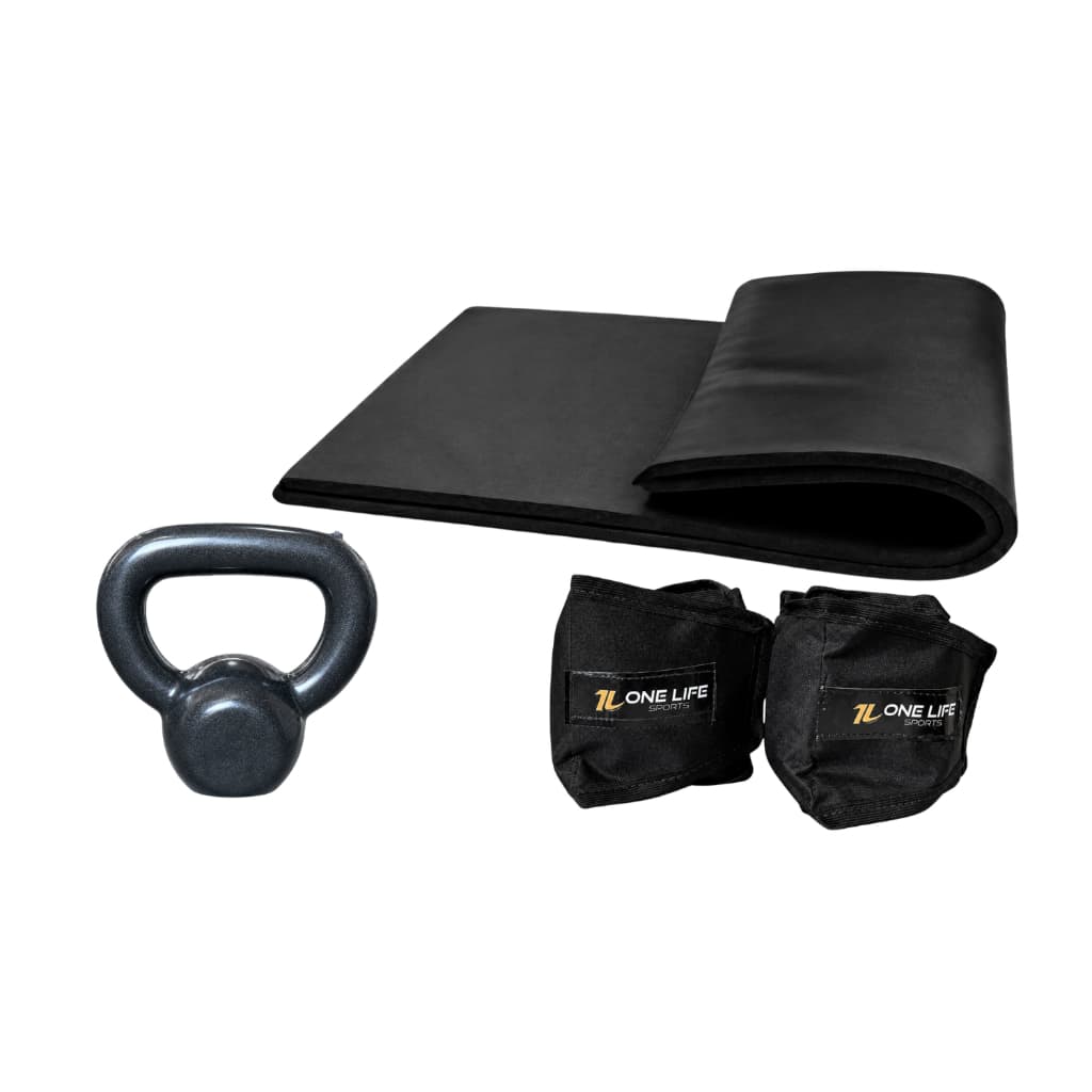 Kit Aeróbico em Casa Caneleira 3kg Halter 2kg Kettlebell 4kg Colchonete Treino Funcional Fitness
