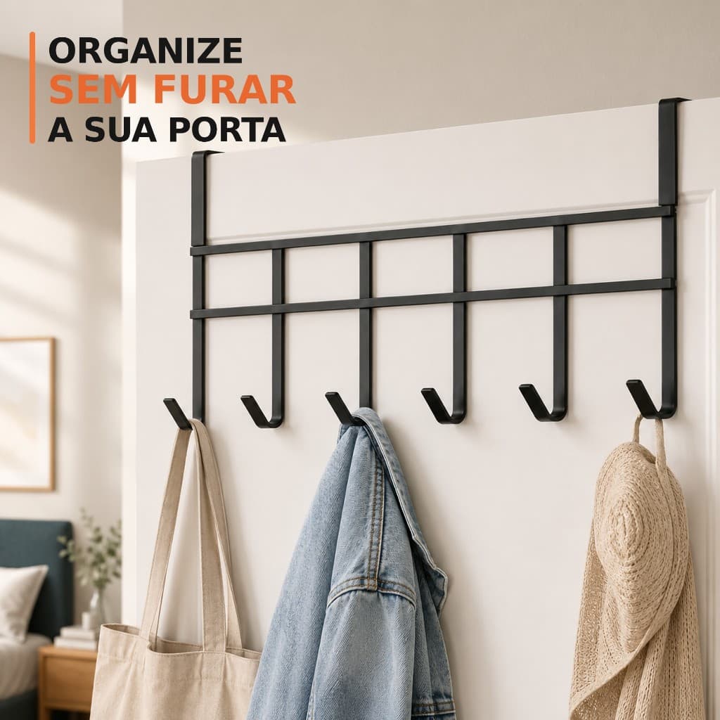 Suporte Cabide Para Porta 6 Ganchos 45x17cm Organizador Multiuso Quarto Banheiro Cozinha
