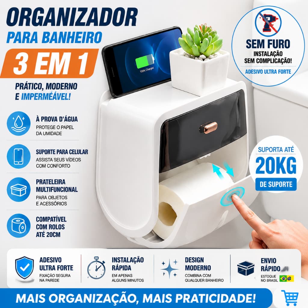 Porta Papel Higiênico Inteligente 3 Em 1 Banheiro Com Suporte Celular Prateleira Impermeável Sem Furar Parede