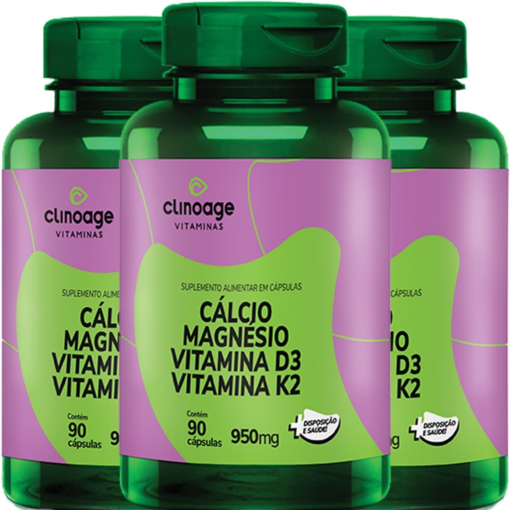KIT 3x Cálcio + Magnésio + Vitamina K2 + Vitamina D3 - 90 Cápsulas 950mg - Clinoage