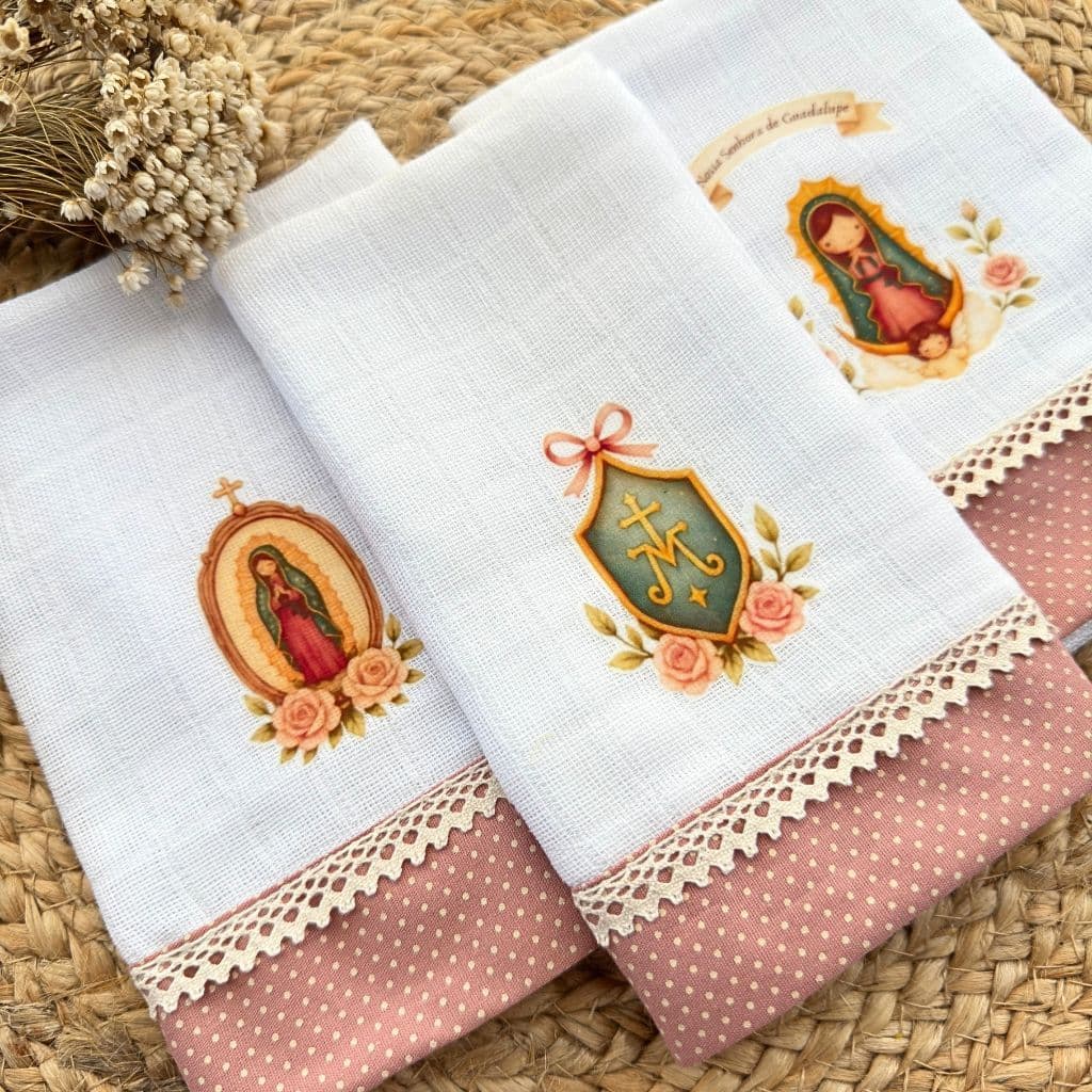 Kit 3 fraldas de boca para bebe, Nossa Senhora Guadalupe, 30 x 30cm, algodão, presente para recém nascido