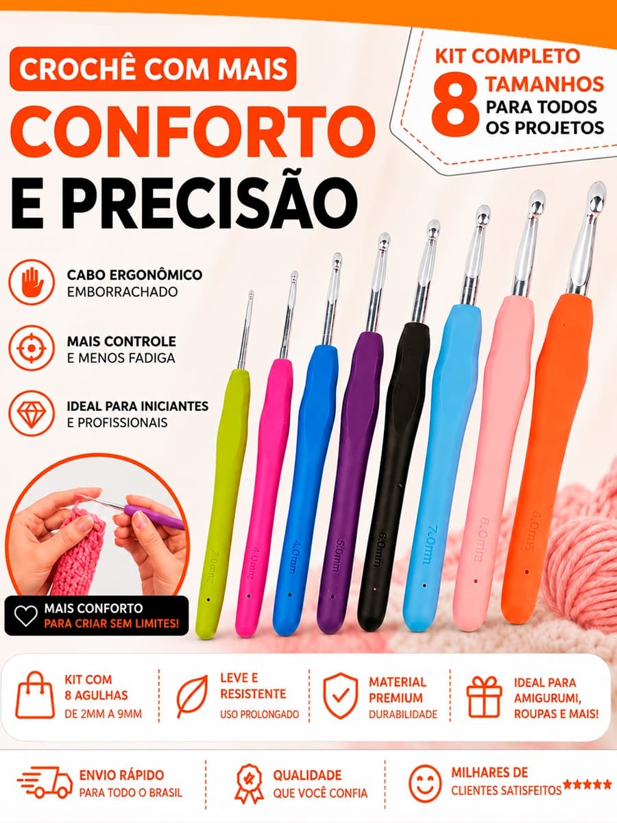 Kit Agulhas Barbante Para Crochê Profissional 8 Peças Vários Tamanhos Xodoca