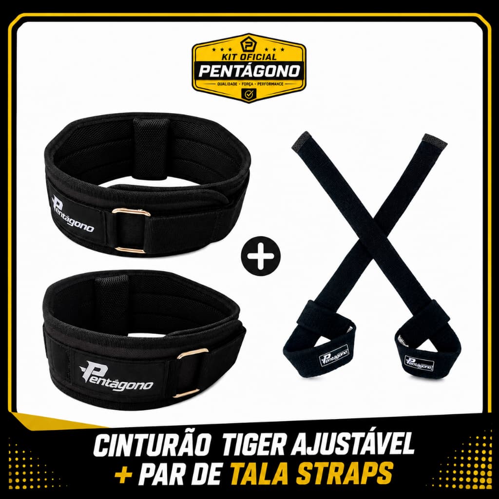 Kit Cinturão Tiger Ajustável 64 a 105 cm + Par Tala Straps Musculação Academia – Pentágono