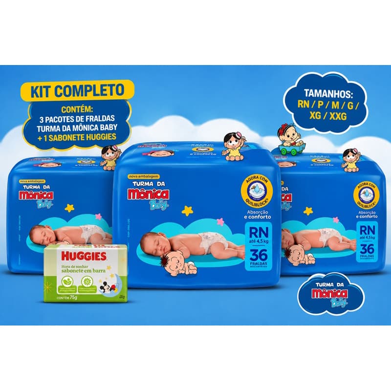 Kit 3 Pacote de Fralda Descartavel Turma da Monica + Sabonete em Barra Infantil