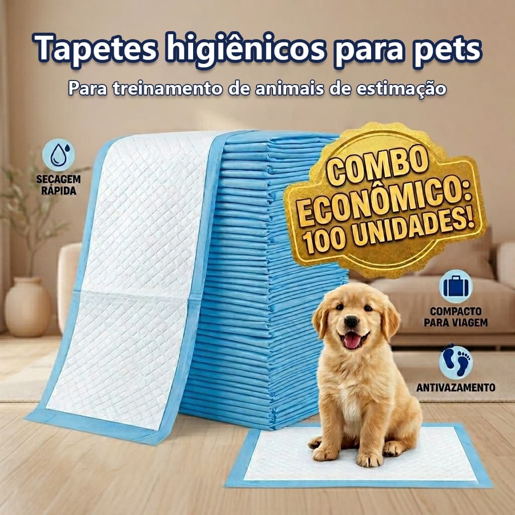 Tapete Higiênico Descartável para Cachorro 100 Unidades 45x34 cm - Fralda Pet Xixi Cão Filhote Porte Pequeno