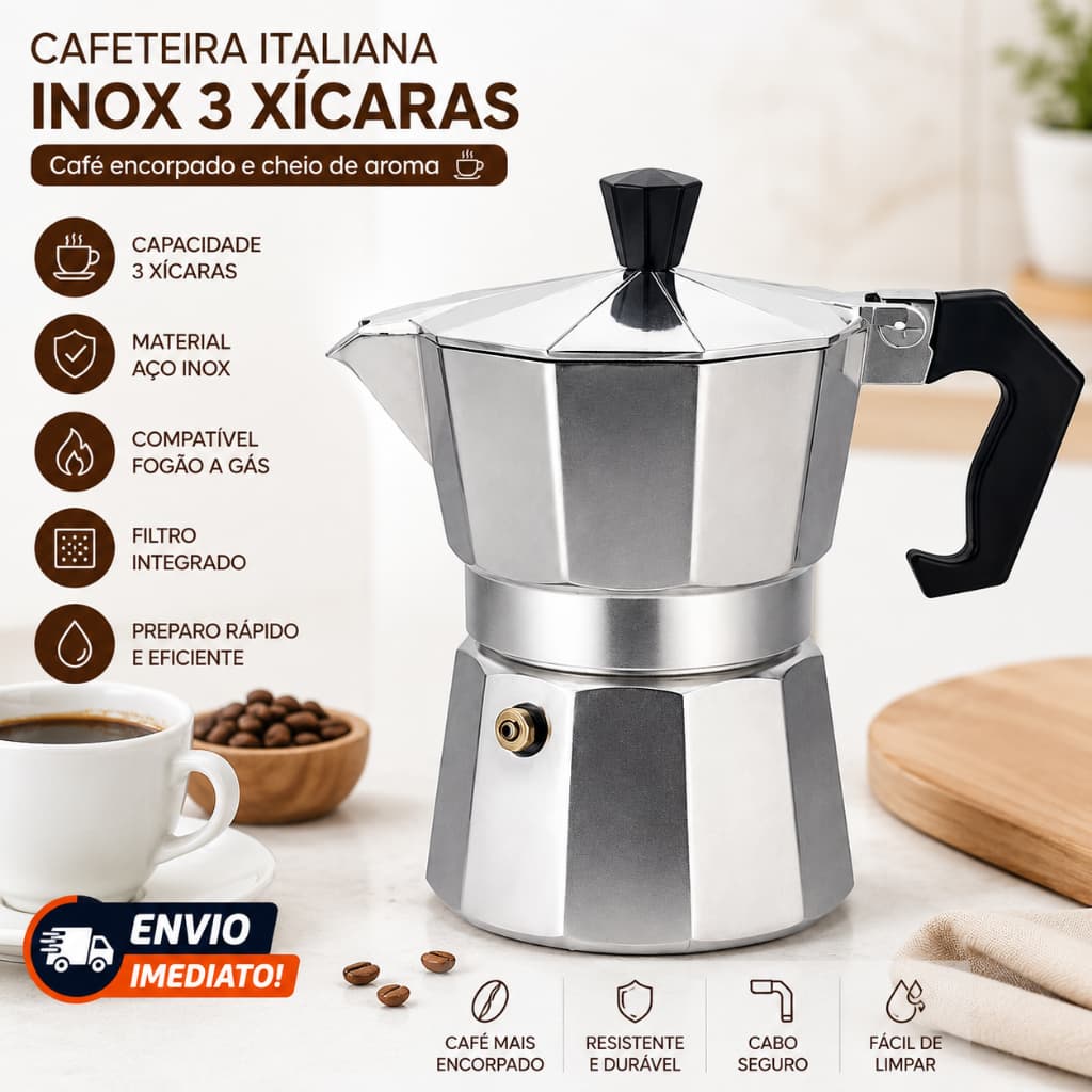 Cafeteira Italiana Alumínio Inox 3 Xícaras Moka Expresso Cafeteira Aço Rápida Café Fogão