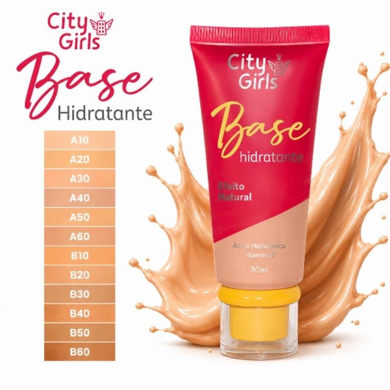 Base Líquida Hidratante Maquiagem City Girls Efeito Natural Ácido Hialurônico Vitamina E