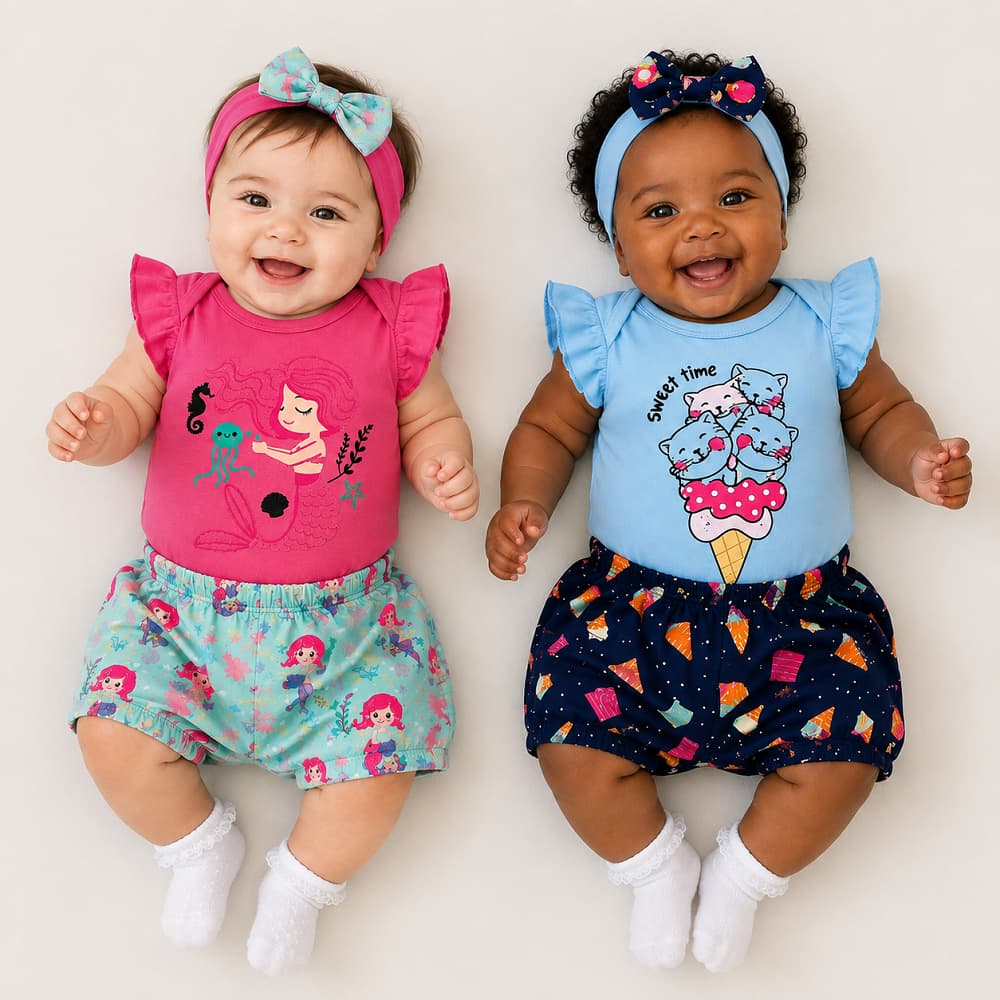Kit 3 Peças Roupa Bebê Menina Body + Shorts + Tiara | Roupa de Bebê Menina Confortável 100% Algodão