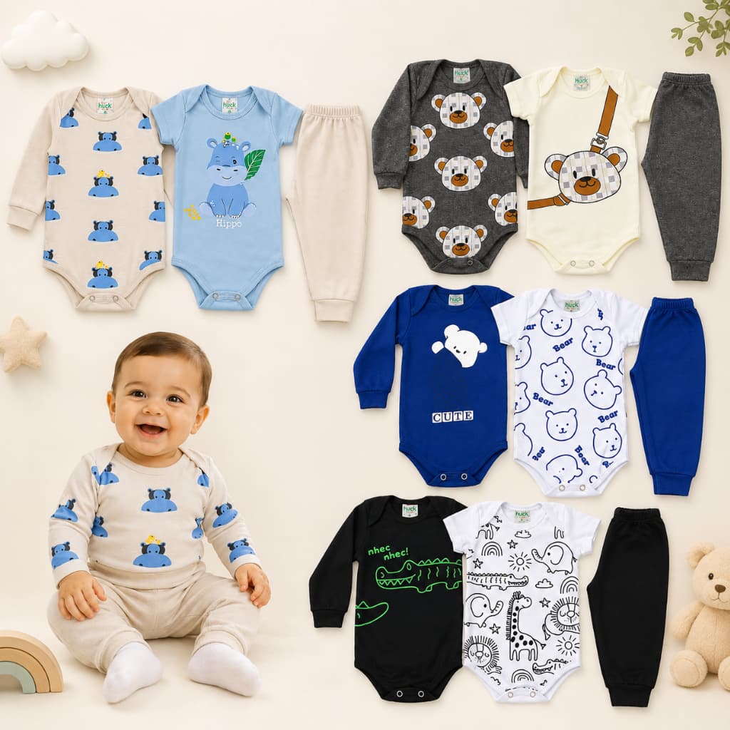 Kit 12 Peças Body Bebê Manga Longa + Curta Calça Algodão Infantil Roupa de Bebê Menino e Menina Inverno