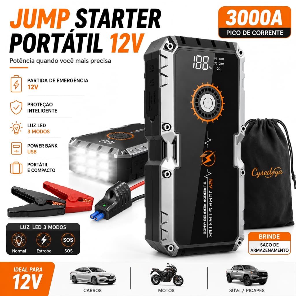 Auxiliar de Partida Portátil Veicular 12V - Jump Starter com Lanterna LED, Carregador USB e Pinça Inteligente