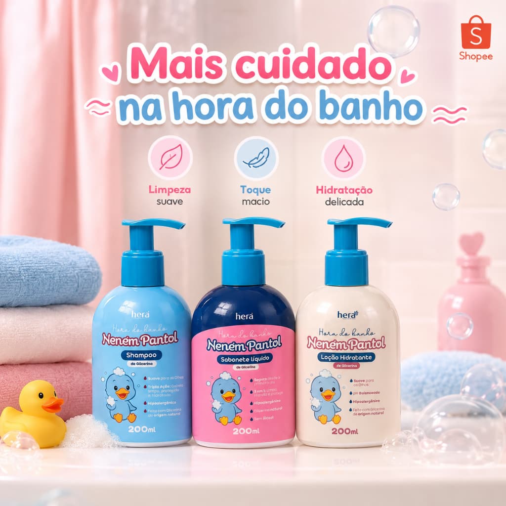 KIT COMPLETO HIGIENE E CUIDADO NENÉM PANTOL – SHAMPOO + SABONETE LÍQUIDO + LOÇÃO HIDRATANTE 200ML CADA