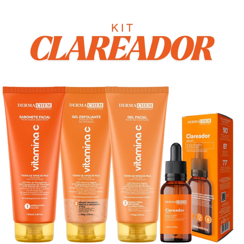 Kit 4 Itens SkinCare Vitamina C Sabonete+Esfoliante+Gel Hidratante+Serum Clareador Dermachem