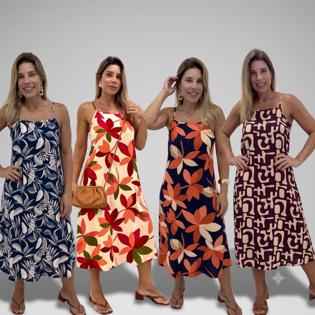 Vestido Longuete de Viscose Estampada Decote Quadrado e Alça Fina