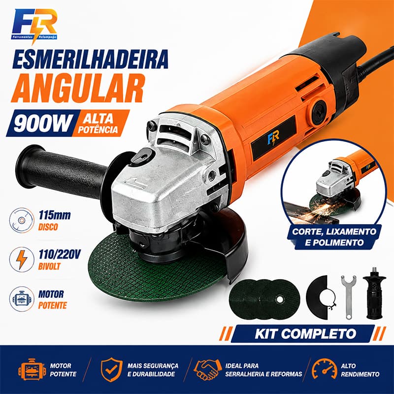 Esmerilhadeira Angular 900W 115mm Corte Lixamento Polimento com Kit de Discos para Serralheria e Reformas
