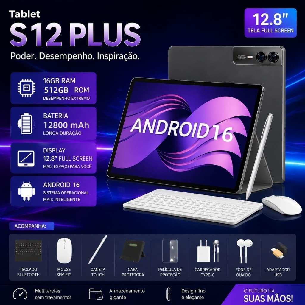 【Free Keyboard and mouse】Galaxy Tablet S12 Plus 16GB+512GB 12.8-inch HD Dual SIM Dual Core 12800mAh Android 16 5G WIFI 6