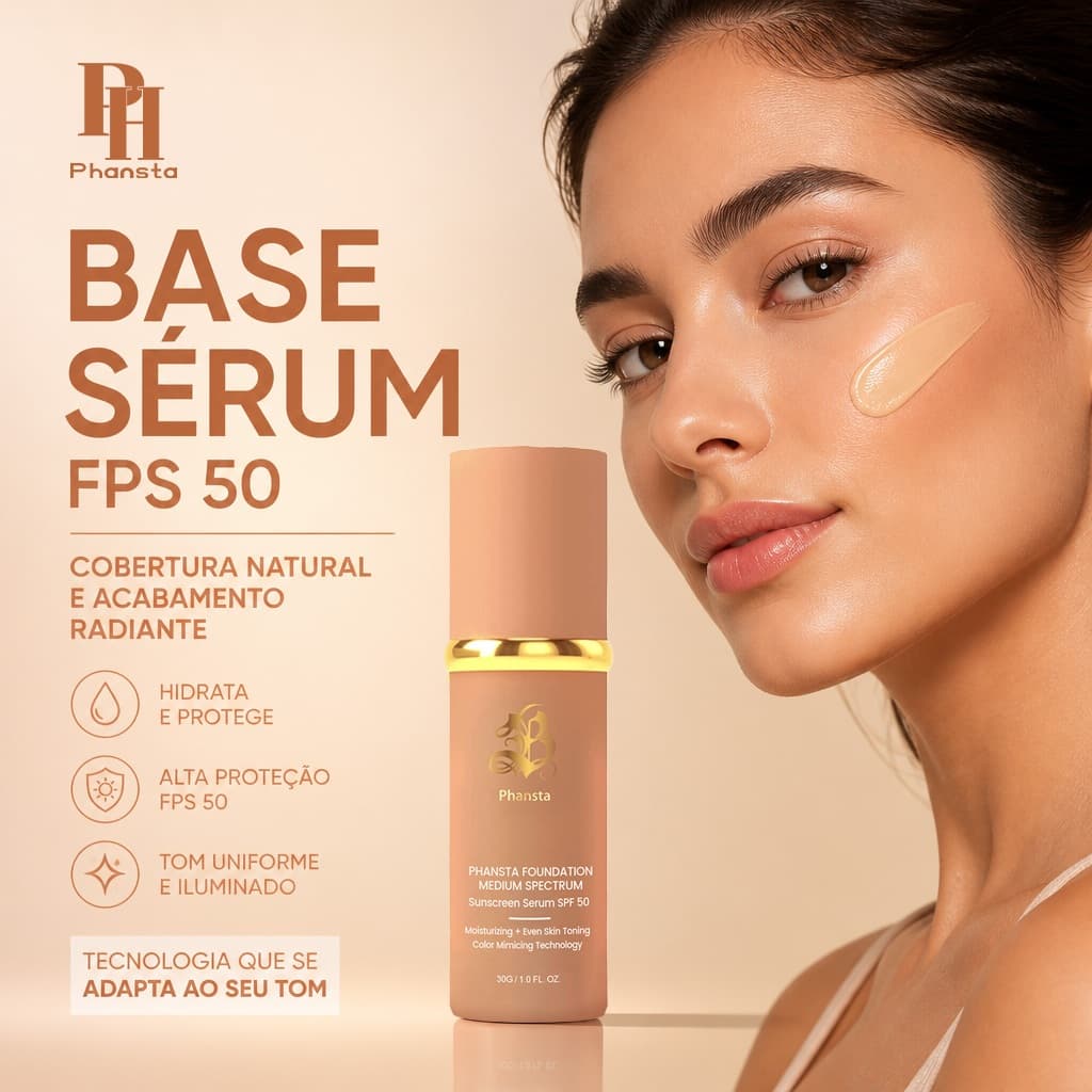 Base Líquida Phansta Glow 30ml Maquiagem Dia a Dia Cobertura Leve Hidratante Efeito Natural Longa Duração FPS50