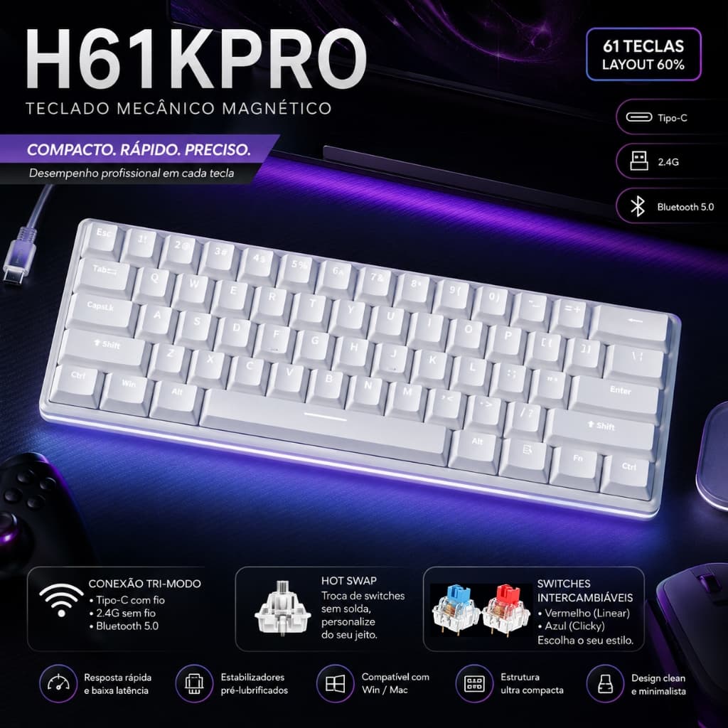 H61KPRO Teclado mecânico 60% sem fio BT 2.4G USB Gamer Switche Red/Blue Hot-Swap branca LED NKRO