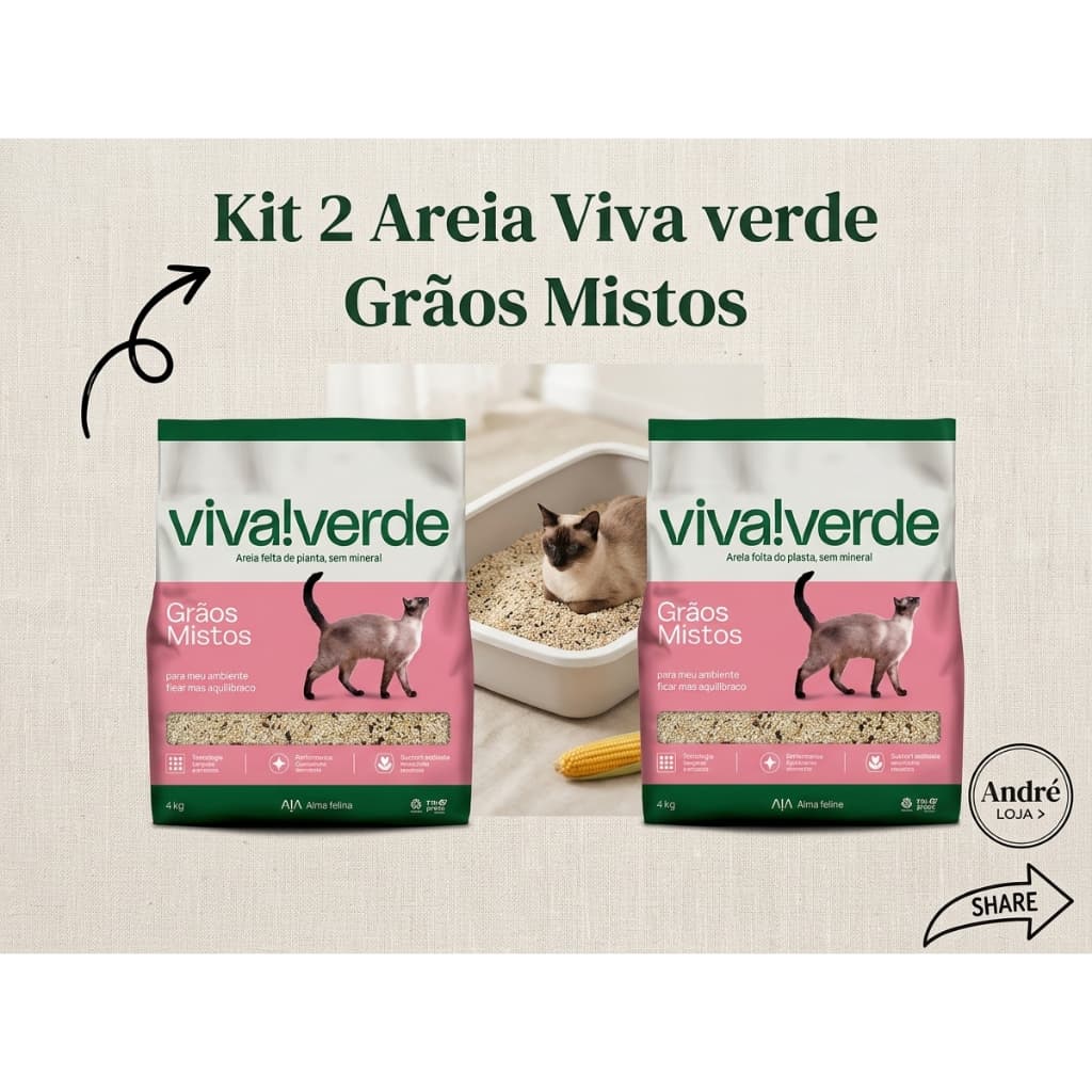 Kit 2 Areia Higiênica Viva Verde Sanitária Grãos Mistos 4kg Biodegradável  Para Gatos  + Brinde
