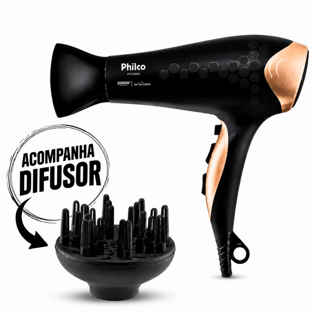 Secador de Cabelos Philco PSC2450 Preto Bivolt Potente Profissional com Difusor