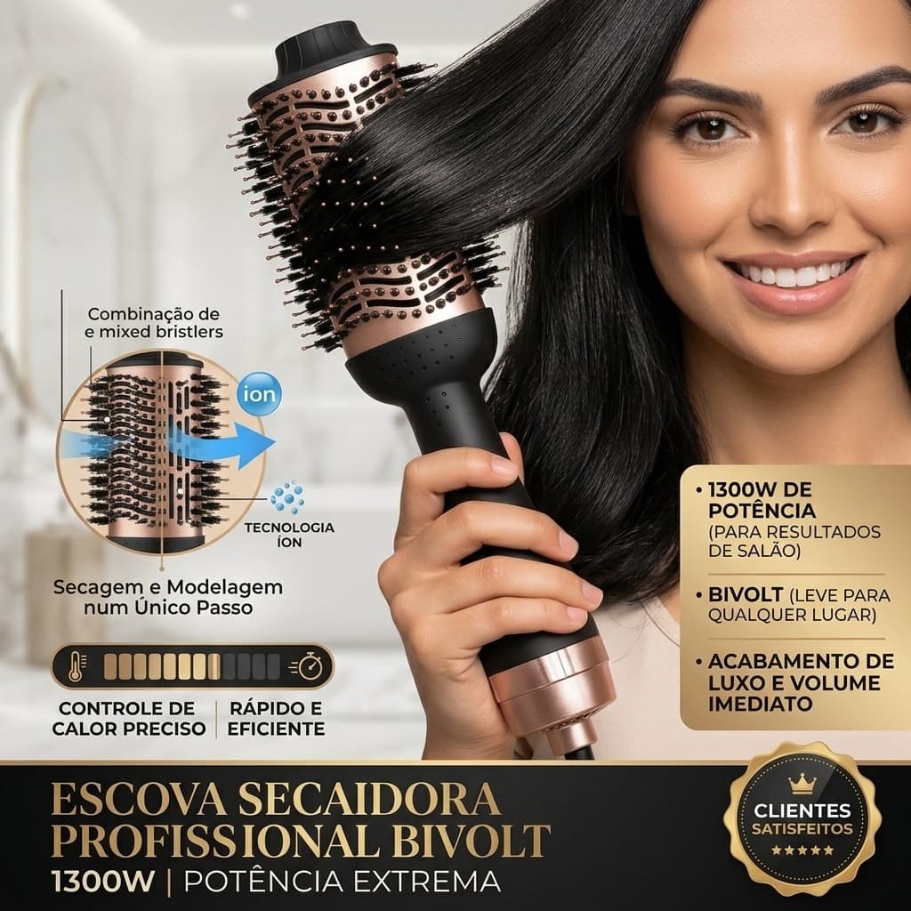 Escova Secadora Cabelo Profissional Bivolt Alisadora Modeladora 1300W Alta Potencia