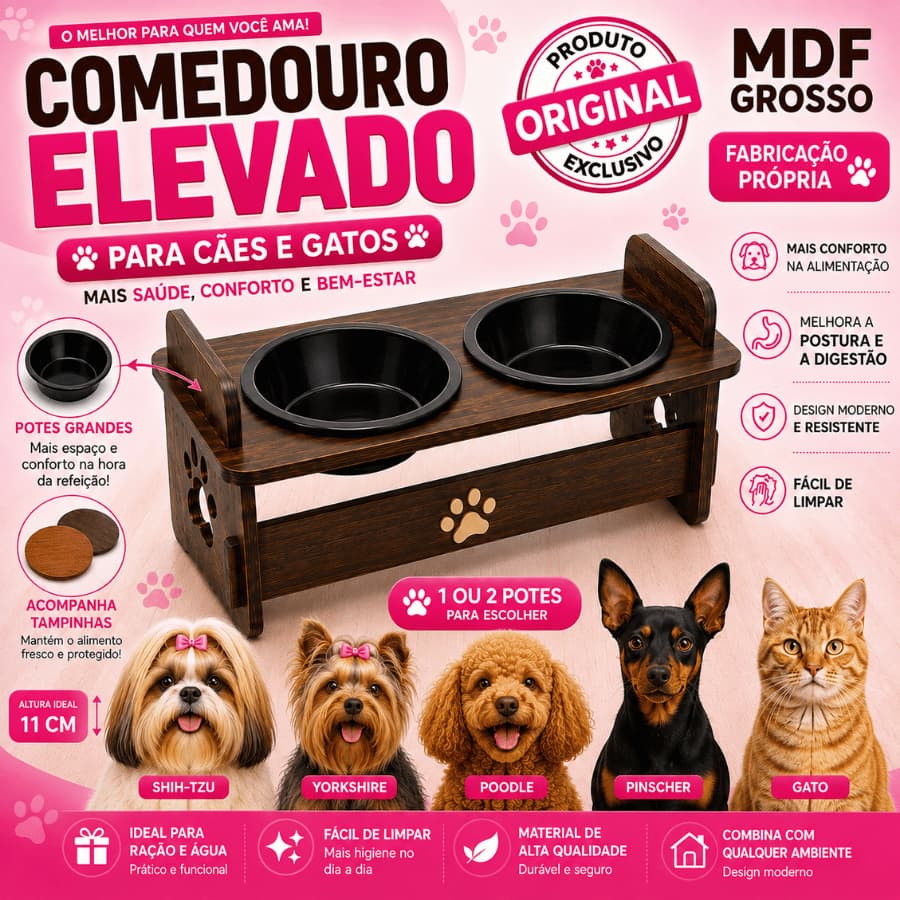 Tigelas Comedouro Bebedouro Elevado Em MDF Suspenso Para Pets Gato Cachorro para Raçao e Agua