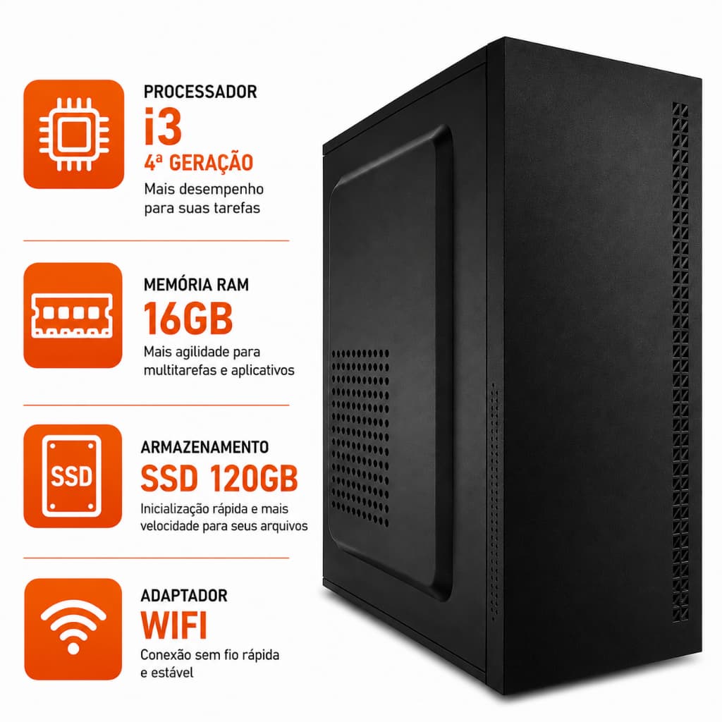 Desktop CPU Intel i3 De 4ª Geração 16gb Ram Ddr3 SSD 120gb Computador Torre Com Wifi Cabo De Força
