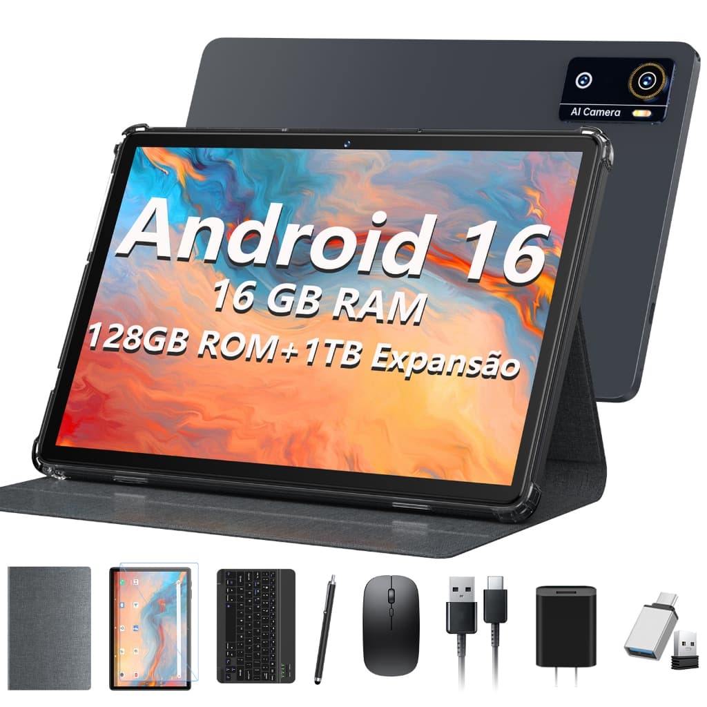 10.1“ Tablet Android 16 com 16 GB de RAM e 128 GB de ROM, com mouse e teclado, tela IPS FHD e Wi-Fi
