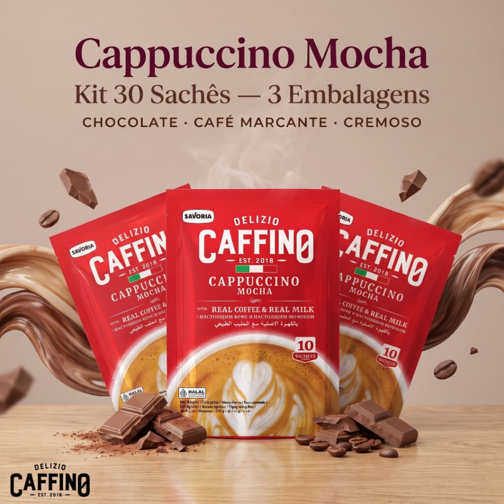 Kit 30 Sachês Cappuccino em Pó Chocolate Caffino Mocha 600g Cremoso Importado