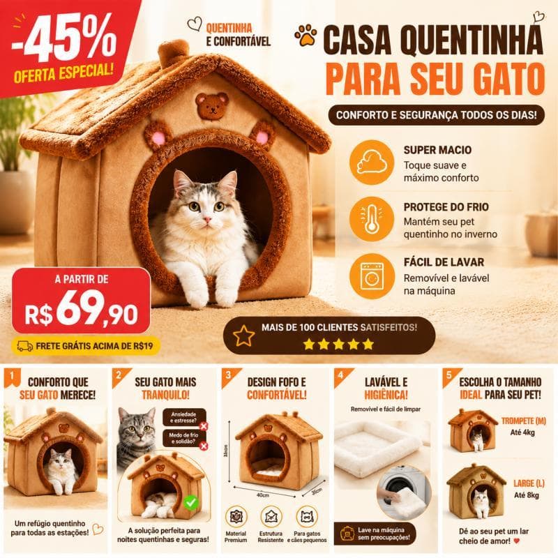 Casinha para Gatos e Cães Pequenos, Toca Pet Quentinha e Macia, Lavável, Cama Confortável para Todas Estações
