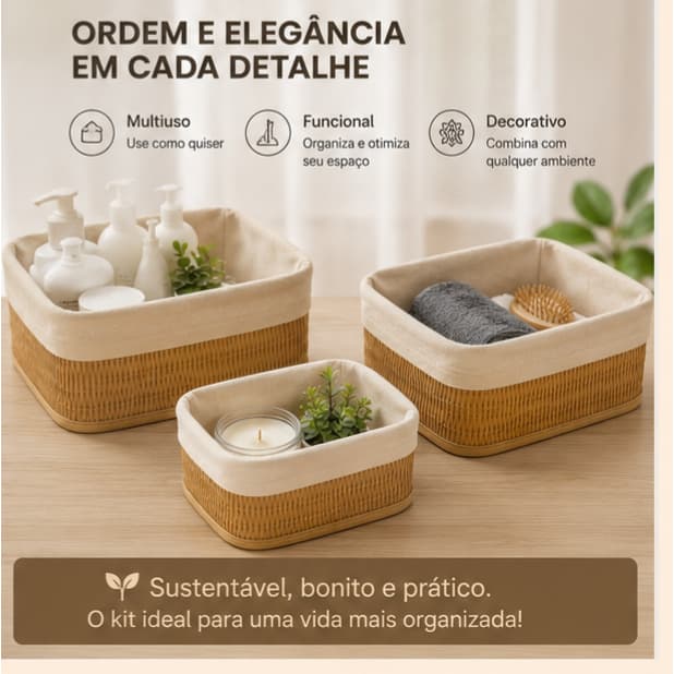 Kit 3 Cestos Organizadores de Bambu com Forro de Algodão Multiuso Banheiro Quarto Cozinha