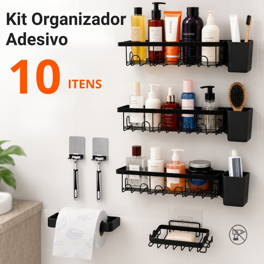10 Suportes Organizadores De Metal Rack De Parede Banheiro Cozinha Prateleiras Porta Shampoo