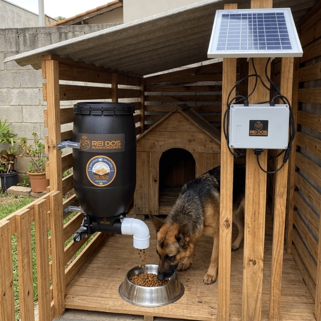 Alimentador Automático de Ração com Kit Solar Off-Grid para Cães Cachorros Canil