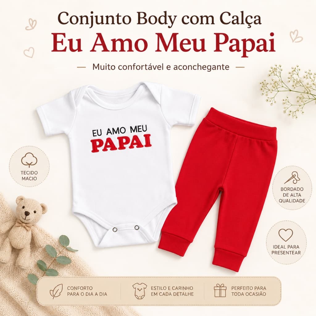 Conjunto Body Manga Curta Bordado com Calça para Bebê Menino Menina 02 Peças Roupas de Bebê