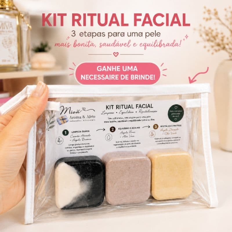 Kit Skincare Facial Mivã – 3 Sabonetes Artesanais para Limpeza, Hidratação e Cuidado Anti-idade + Necessaire