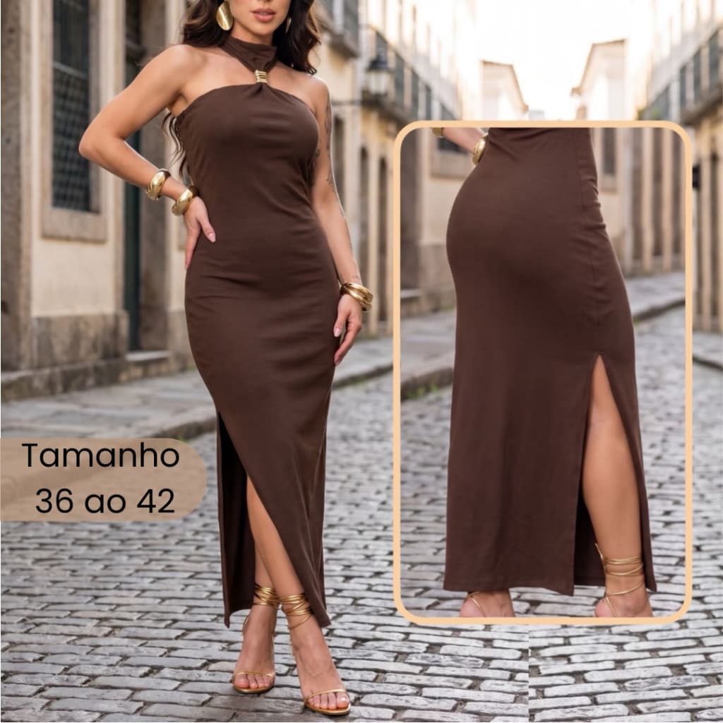 Vestido Midi Longo Liso Feminino Tubinho com Fenda Lateral e Bojo
