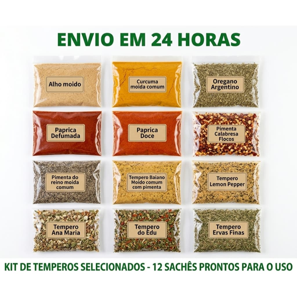 Kit com 12 Temperos e Condimentos Naturais em Saquinhos Zip Locks Abre e Fecha sem conservantes Promoção