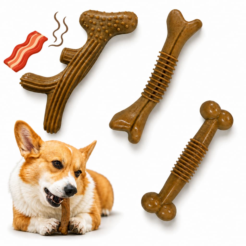 Mordedor para Cachorro Formato Osso com Cheiro de Bacon Resistente para Higiene Dental e Mordida