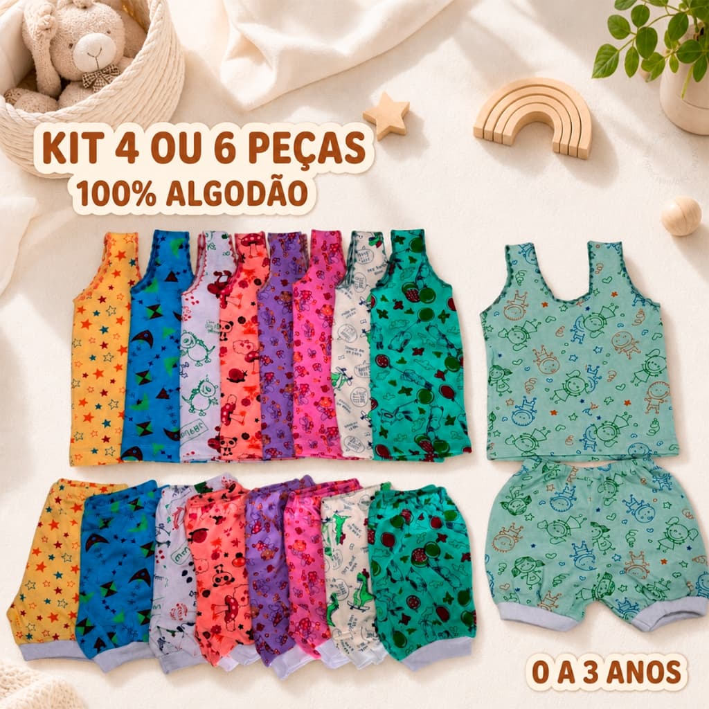 Kit 4 Ou 6 Peças Pijamas Infantis Estampados Camisetas  Shorts 0 A 3 Anos Bebê Menino Menina 100% Algodão