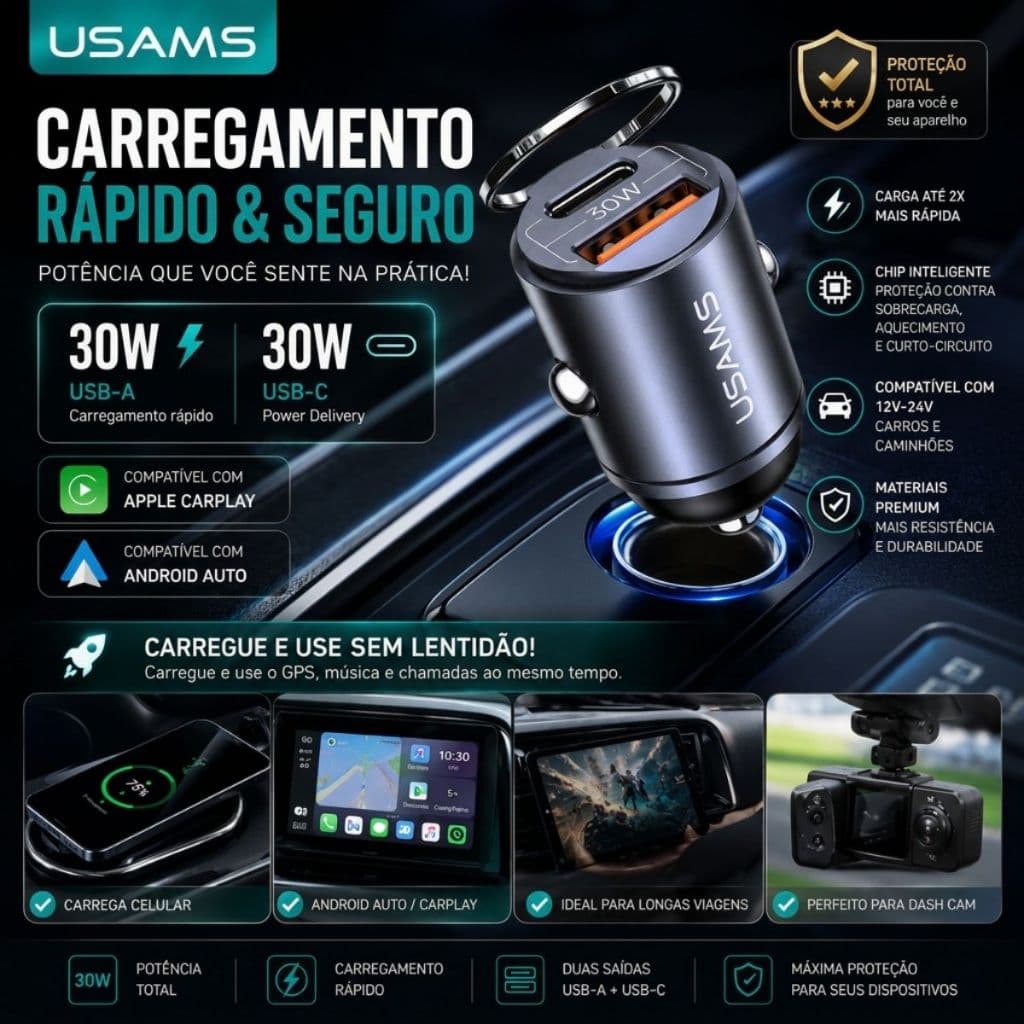 Carregador Veicular Carro Usams Turbo 30W Portátil Duas Saídas Tipo-C USB Discreto Super Rápido