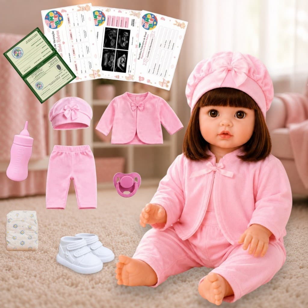 Bebê Reborn Menina 48cm Boneca Realista Kit Completo com Acessórios Chupeta Mamadeira Fralda