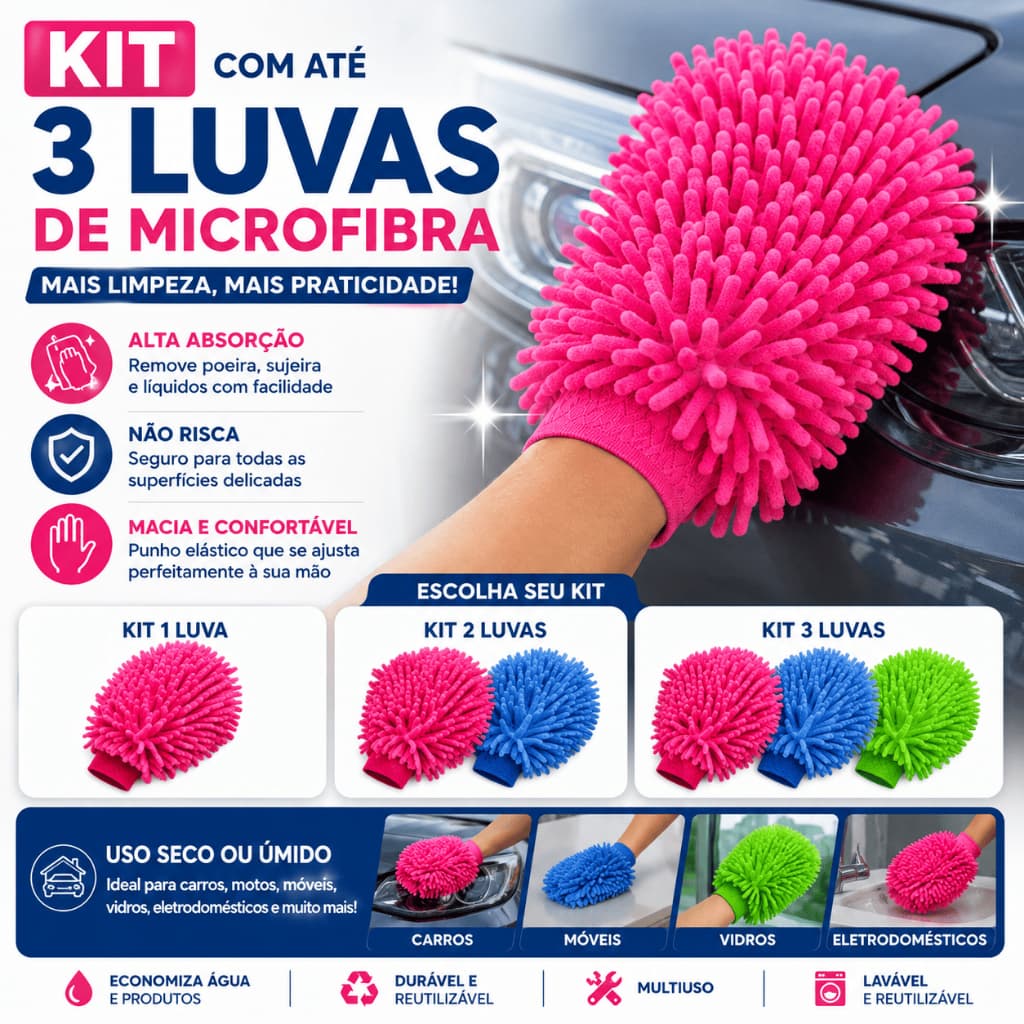 Kit 1/2/3 Luva Microfibra Automotiva Limpeza Geral Pano Multiuso Carro