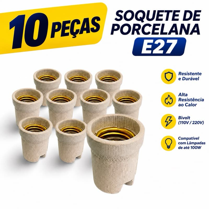 10 Unid Soquete  Porcelana Bocal E-27 Porta Lâmpada 100W Bivolt Resistente Liga Luz Luminaria Plafon