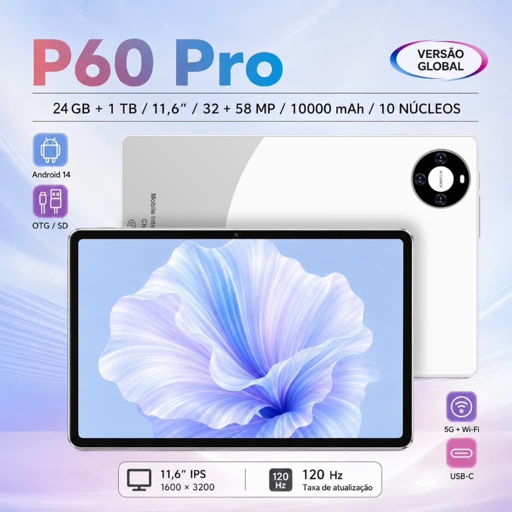 Tablet Android 14 P60 Pro 11.6'' 24GB RAM 1TB 5G WiFi com Teclado Mouse Capa e Caneta