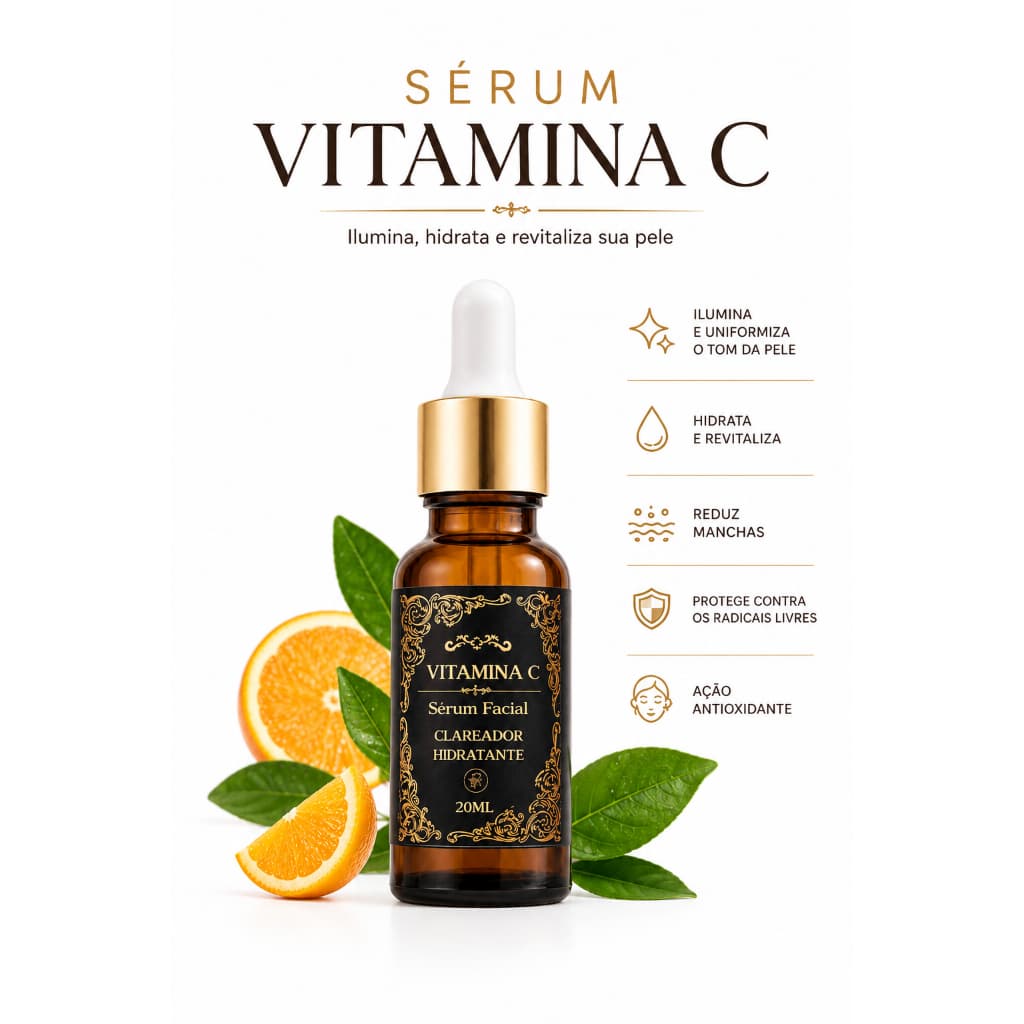 Sérum de Vitamina C Facial Natural Pura Concentrada  Uniformiza Clareia Hidrata