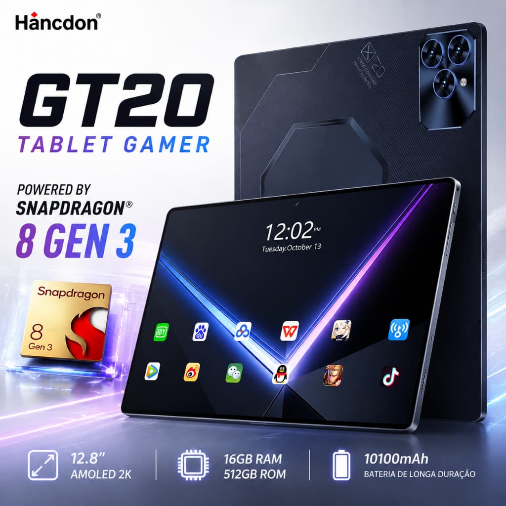 Hancdon Tablet GT20 Pro | 16GB+512GB | Android 14 | Tela FHD 12.8" | 10100mAh  Snapdragon 8 Gen 3 4G/5GLTE