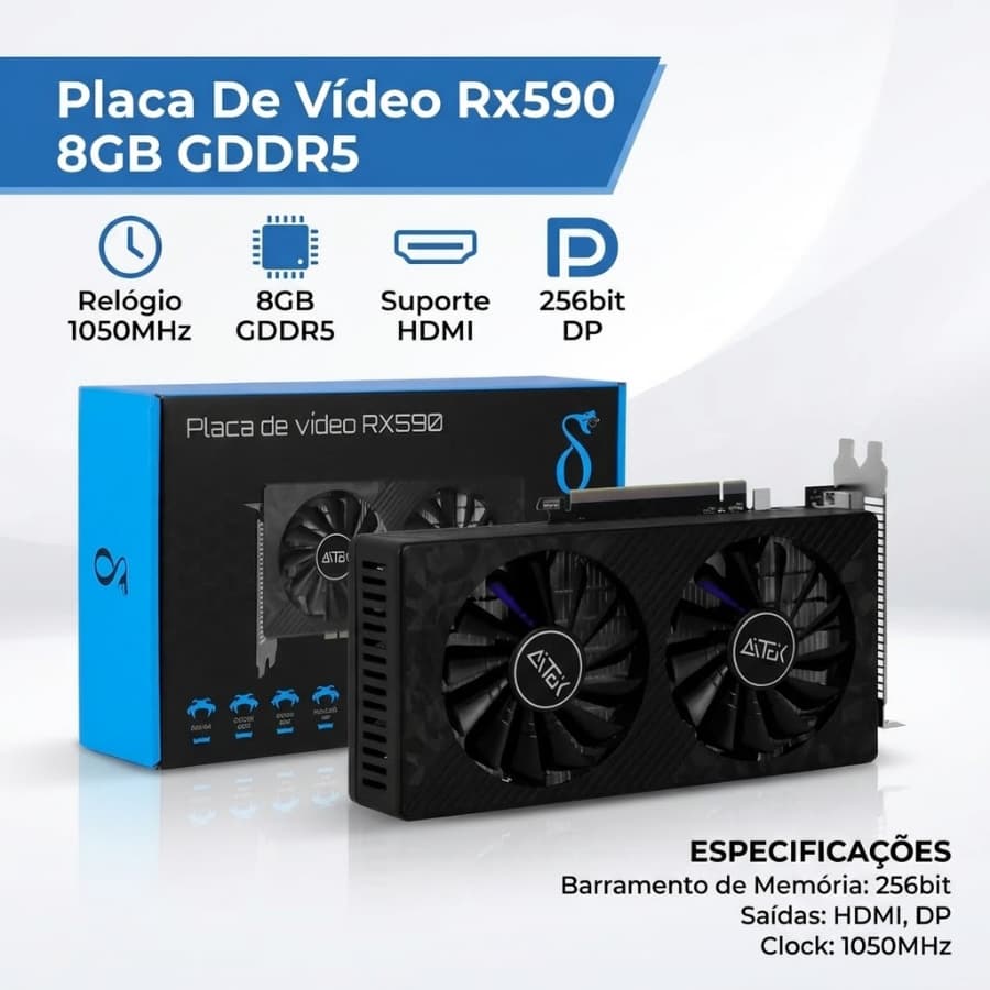 Placa de Vídeo AITEK PC Gamer Rx590 8GB GDDR5 256 bits HDMI DP DVI Setup Gamer Clock 1050mhz