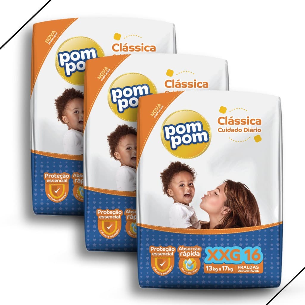 Kit 3 Fralda Descartável Pom Pom Clássica Tamanho XXG Pacote Jumbo - Total 48 Unidades