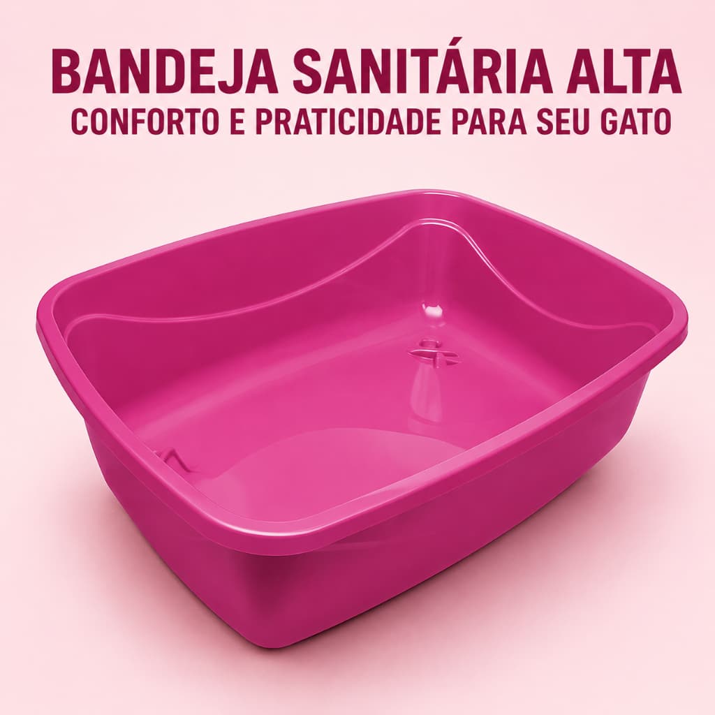 Bandeja Sanitária Alta para Gatos Caixa de Areia Rosa com Bordas Altas e Entrada Fácil
