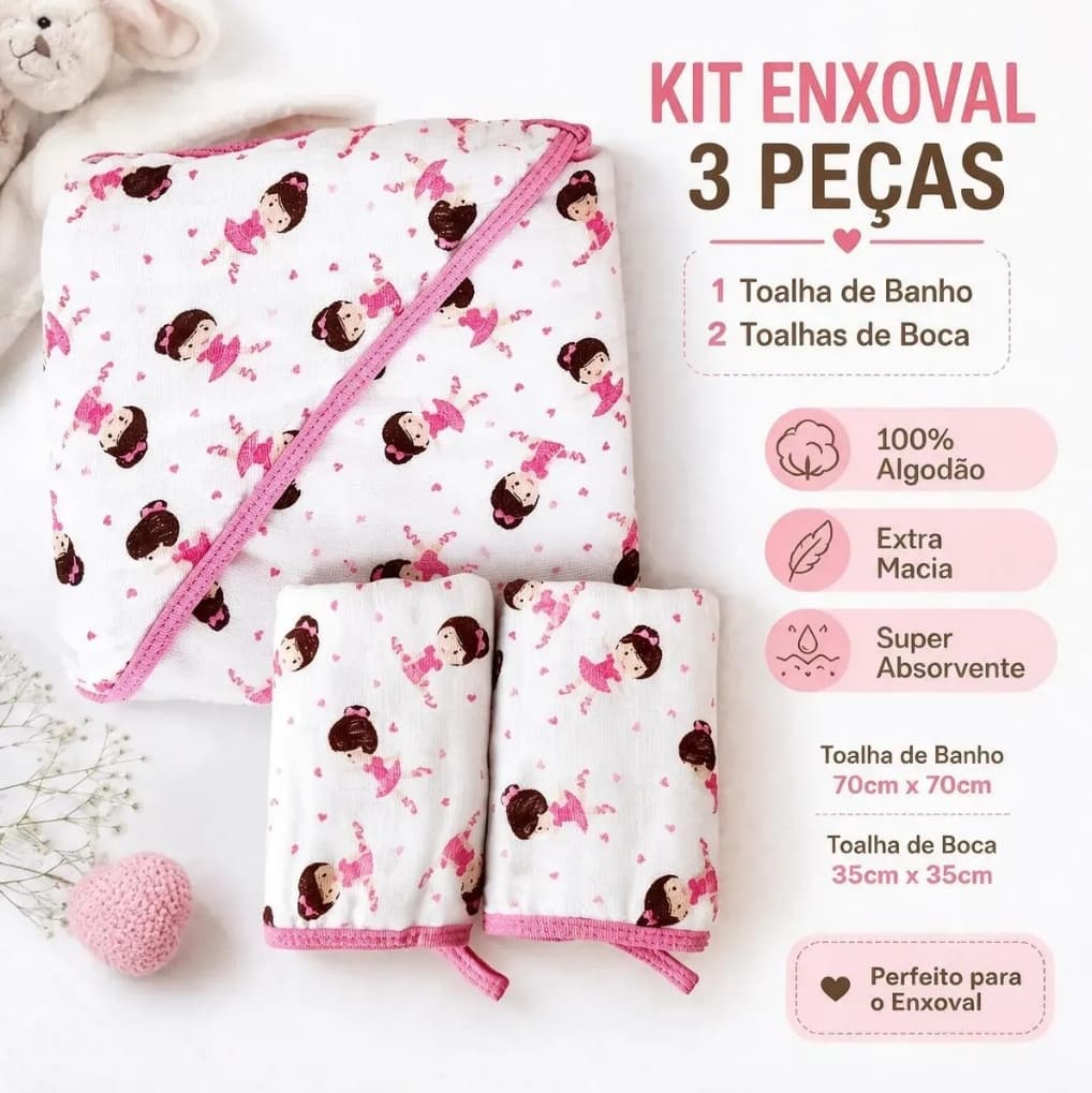 Kit Enxoval 3 Peças 1 Toalha Banho Soft C/Capuz + 2 Toalha Paninho de Boca Soft Menino Menina Neutro